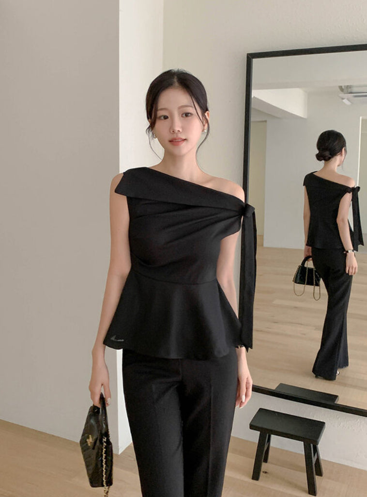 [🌷S/S] Off-Shoulder Bow Flared Blouse