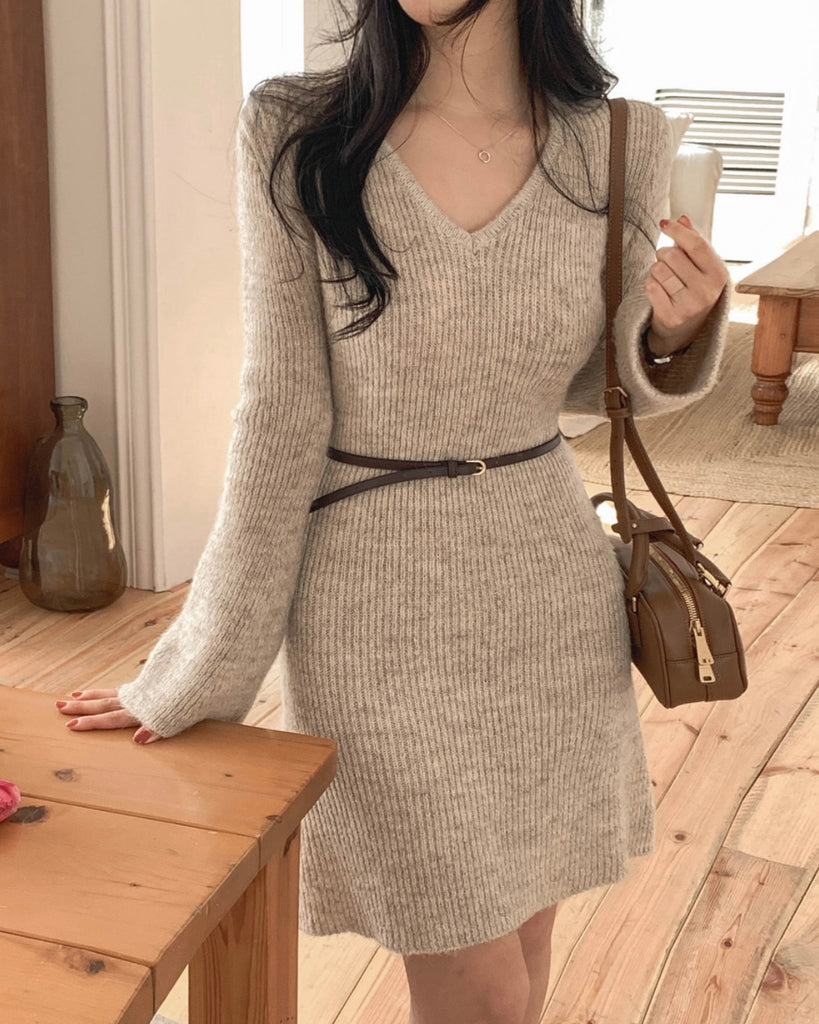 [🍂F/W] V-neck Knitted Mini Dress (不附腰帶)