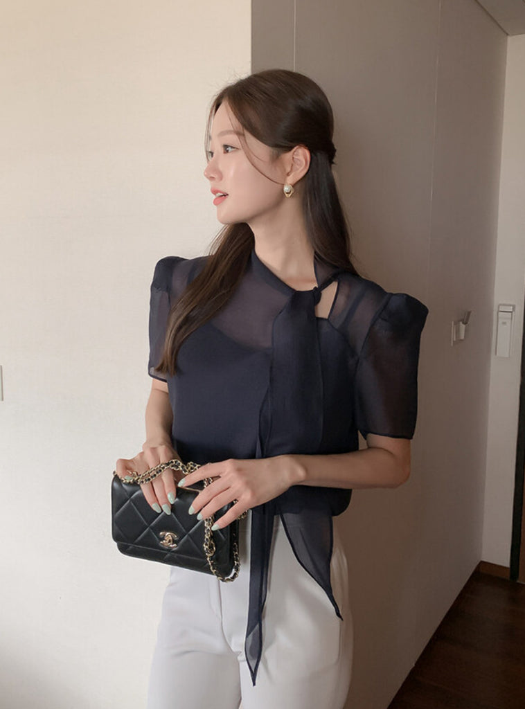 [🌷S/S] See-Through Bowknot Puff Blouse