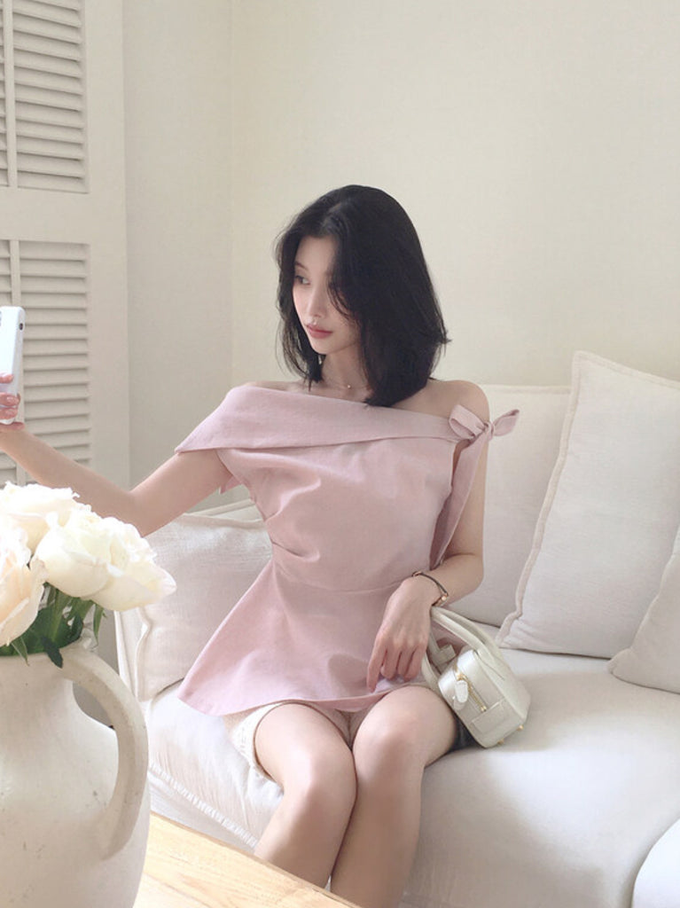 [🌷S/S] Off-Shoulder Bow Flared Blouse
