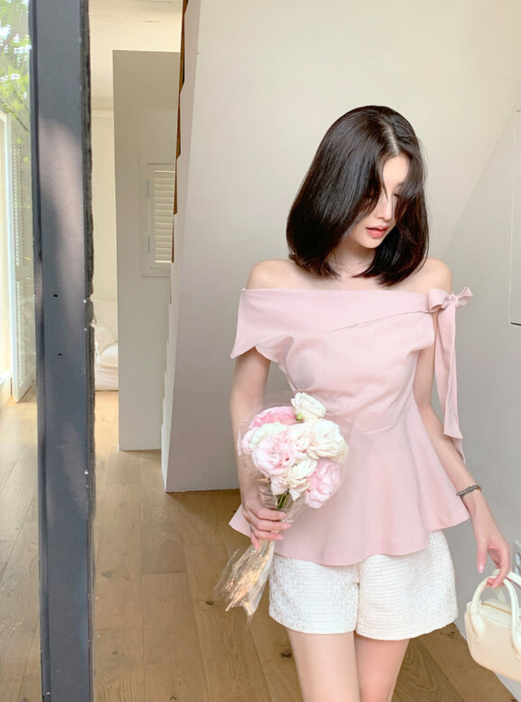 [🌷S/S] Off-Shoulder Bow Flared Blouse