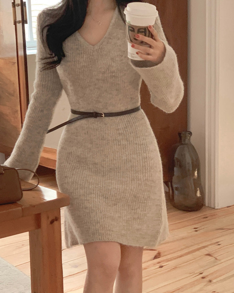 [🍂F/W] V-neck Knitted Mini Dress (不附腰帶)