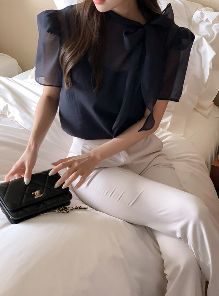 [🌷S/S] See-Through Bowknot Puff Blouse