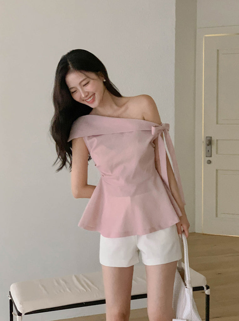 [🌷S/S] Off-Shoulder Bow Flared Blouse