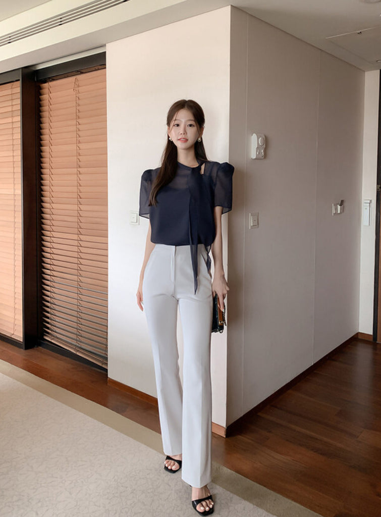 [🌷S/S] See-Through Bowknot Puff Blouse