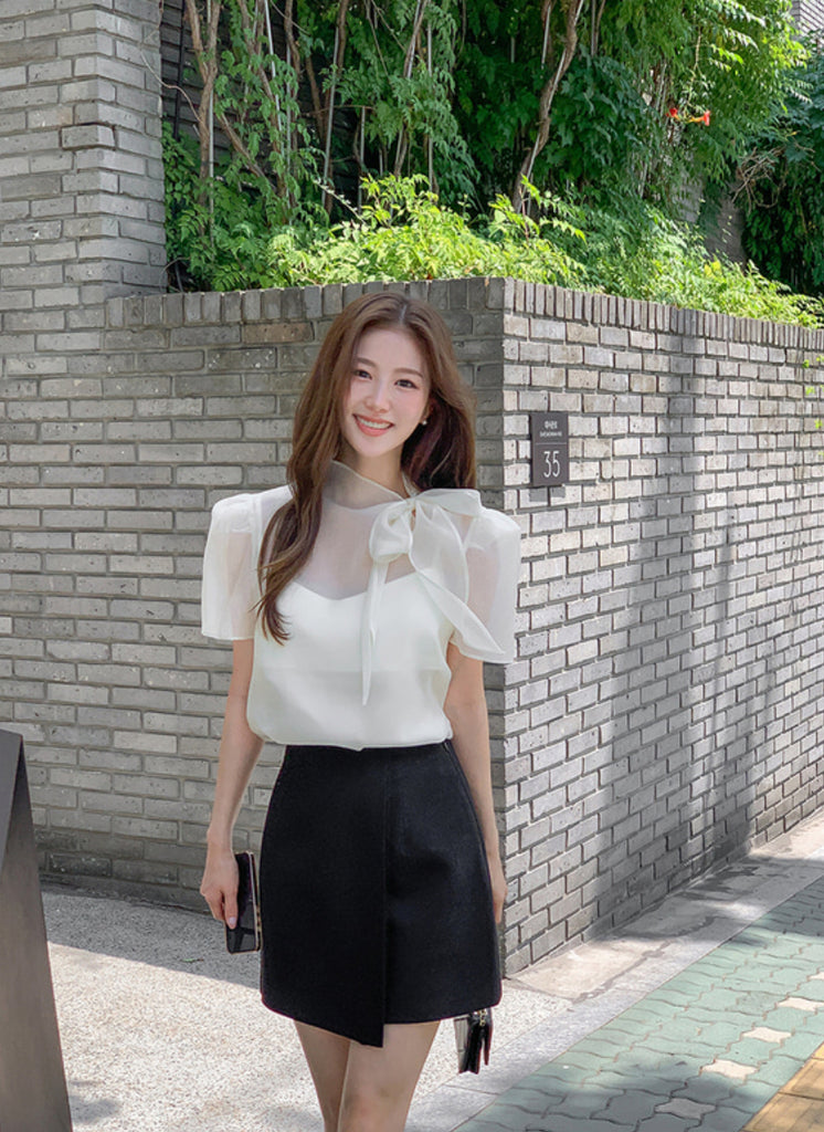 [🌷S/S] See-Through Bowknot Puff Blouse