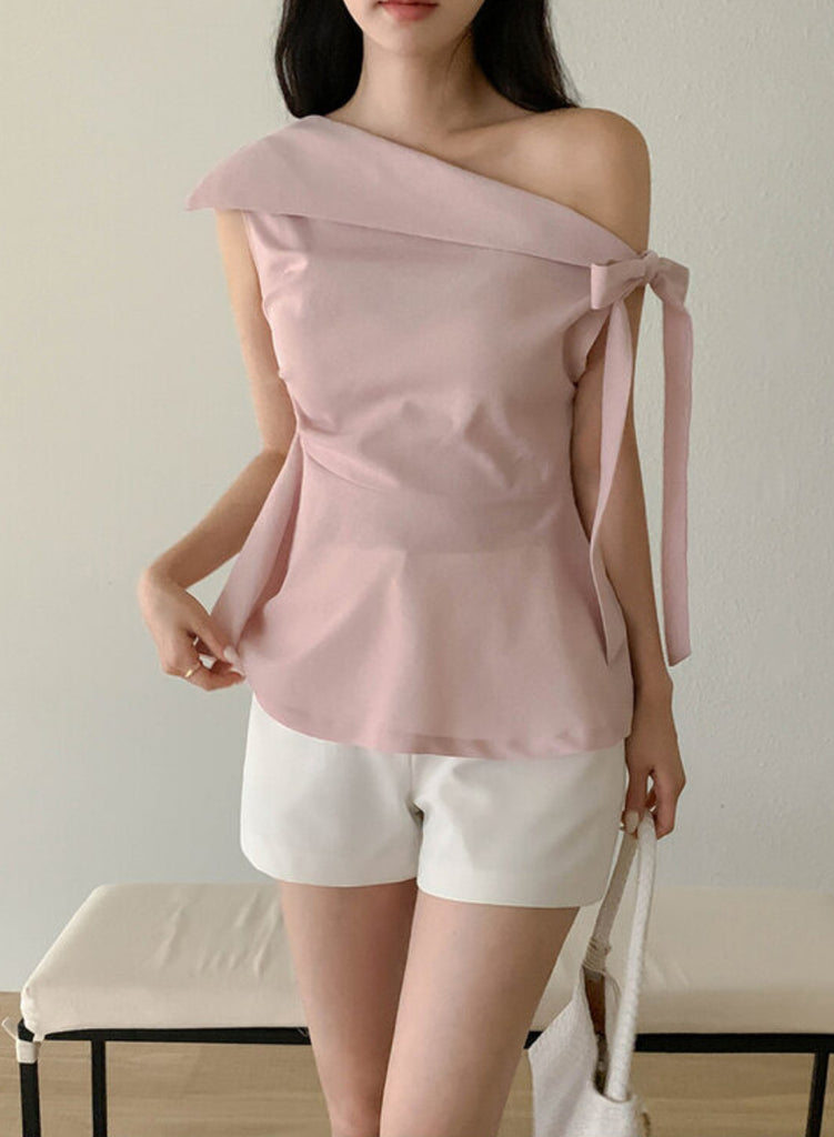 [🌷S/S] Off-Shoulder Bow Flared Blouse