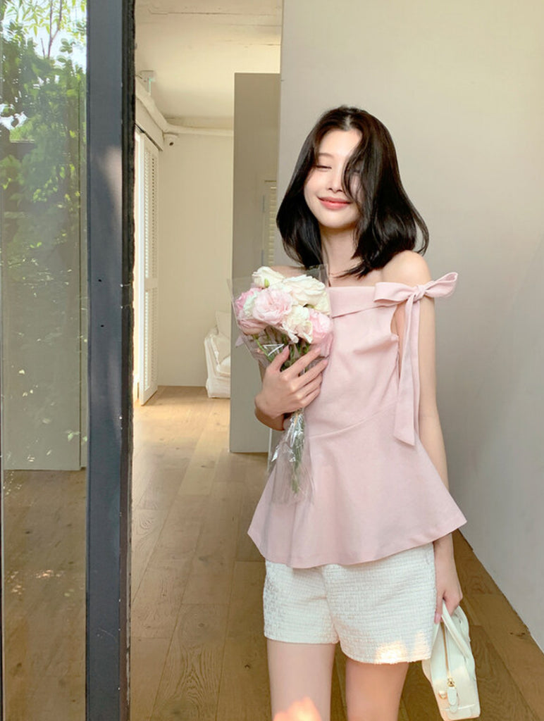 [🌷S/S] Off-Shoulder Bow Flared Blouse