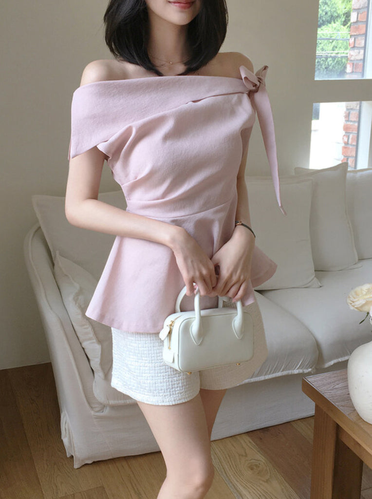 [🌷S/S] Off-Shoulder Bow Flared Blouse