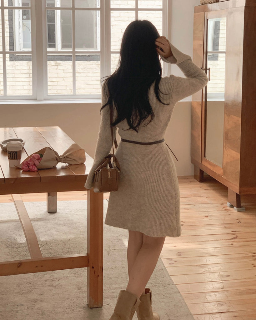 [🍂F/W] V-neck Knitted Mini Dress (不附腰帶)