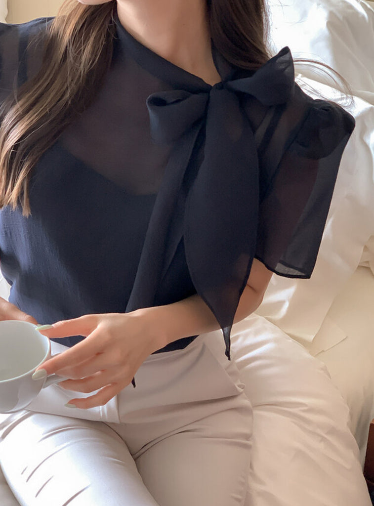 [🌷S/S] See-Through Bowknot Puff Blouse