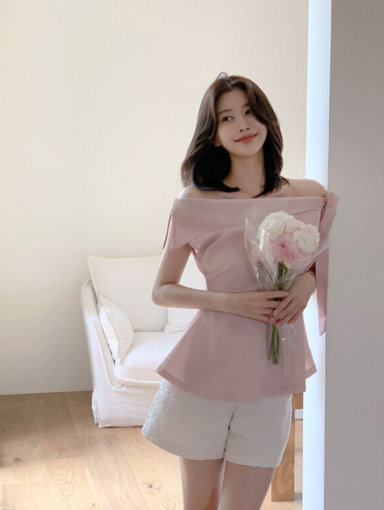 [🌷S/S] Off-Shoulder Bow Flared Blouse