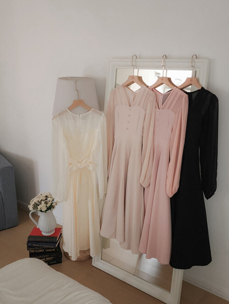 [🍂F/W] Feminine Chiffon Ribbon Long Dress