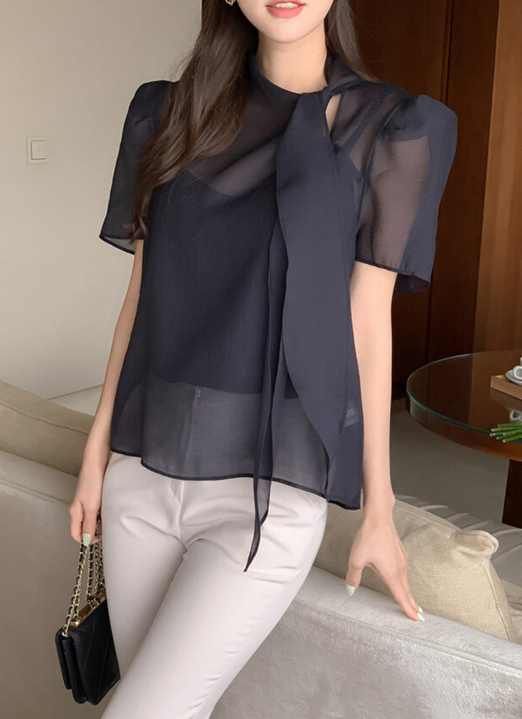 [🌷S/S] See-Through Bowknot Puff Blouse