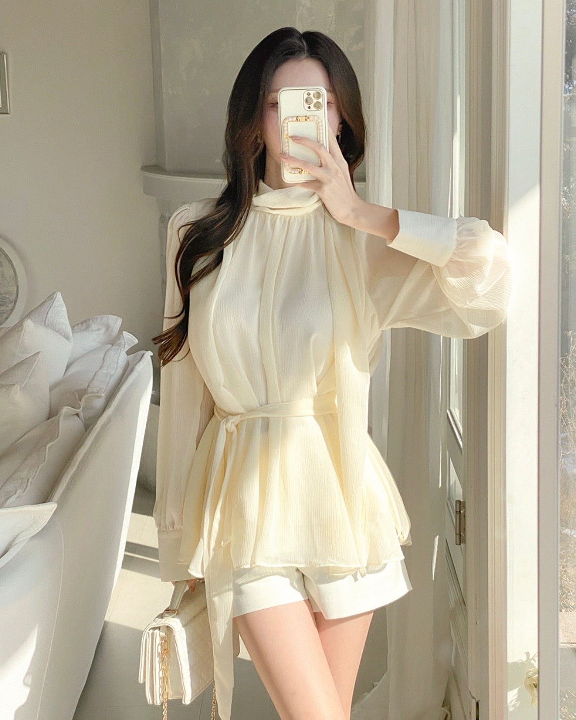 🌷S/S] Swan Chiffon Tie Blouse Premium | Jack3.hk