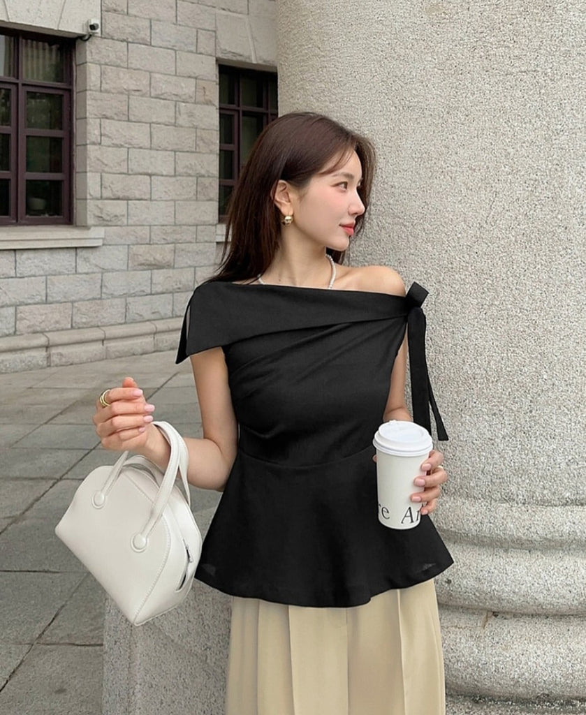 [🌷S/S] Off-Shoulder Bow Flared Blouse