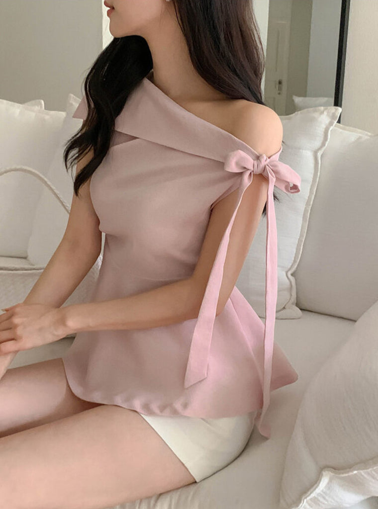 [🌷S/S] Off-Shoulder Bow Flared Blouse
