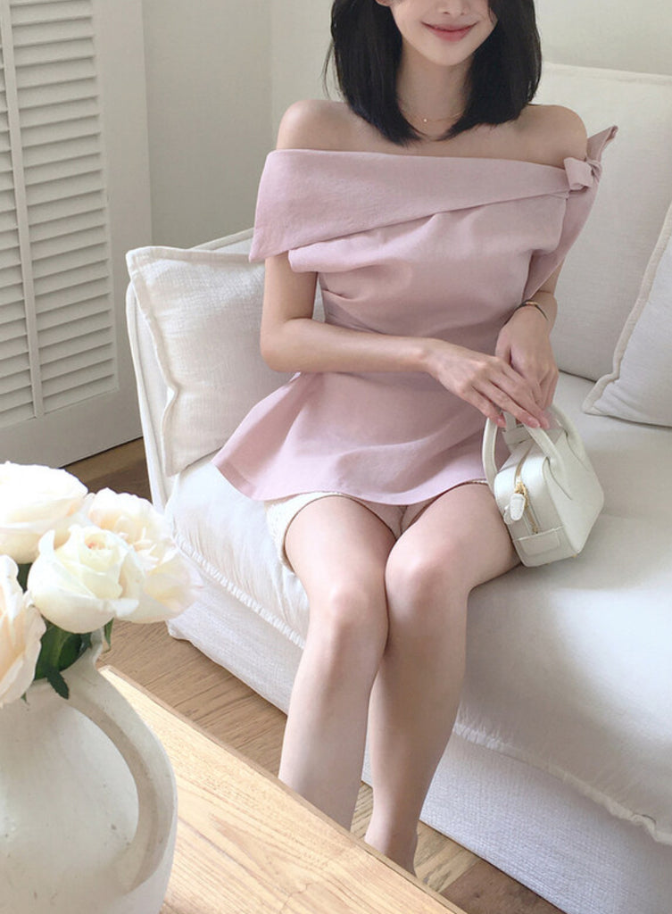 [🌷S/S] Off-Shoulder Bow Flared Blouse