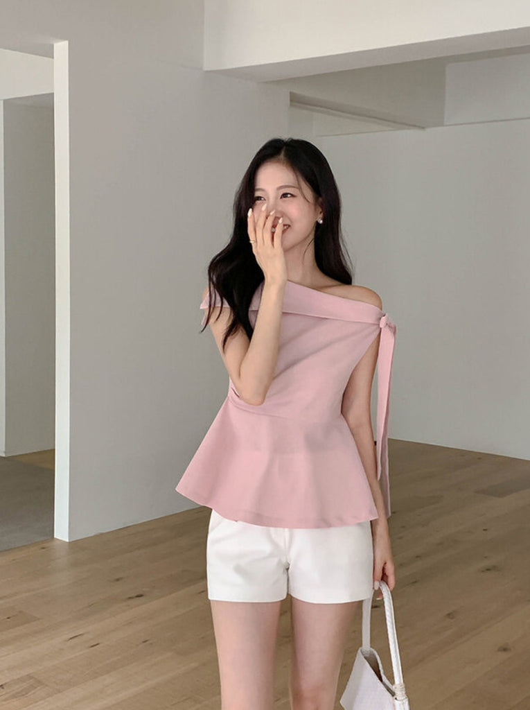 [🌷S/S] Off-Shoulder Bow Flared Blouse