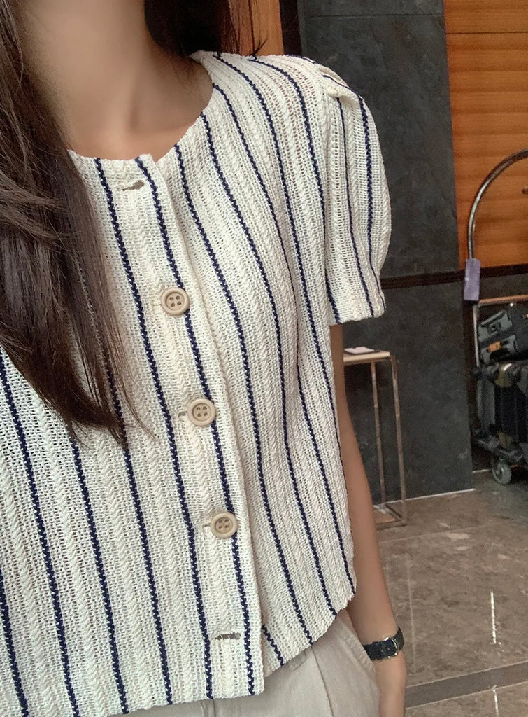 [🕊️SS] Stripe Button Knitted Blouse