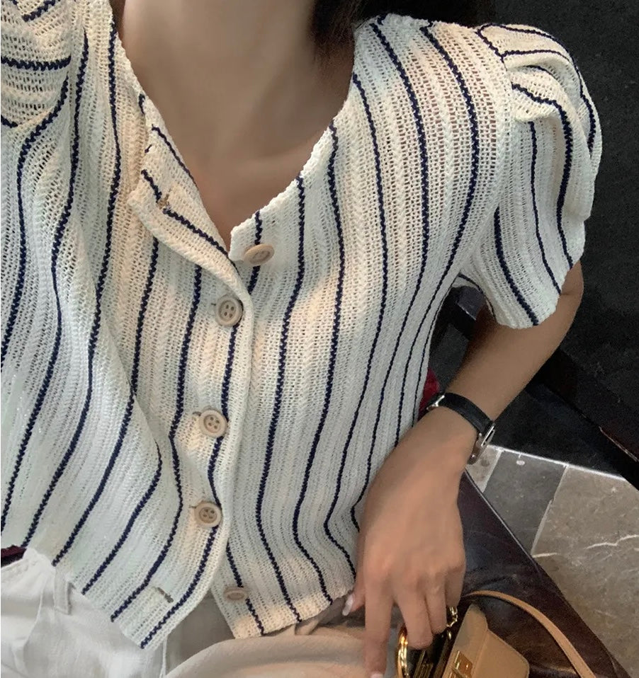[🕊️SS] Stripe Button Knitted Blouse